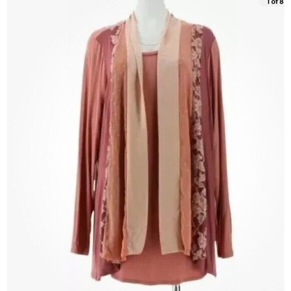 LOGO Lori Goldstein Open-front Panel Cardigan PINK BLUSH Size Medium Lace Trim - Picture 2 of 8